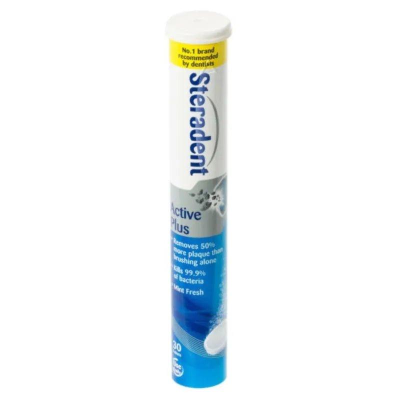 Steradent Active Plus Denture Cleanser 30 Tablets - Removes Plaque, Kills Bacteria, Mint Fresh