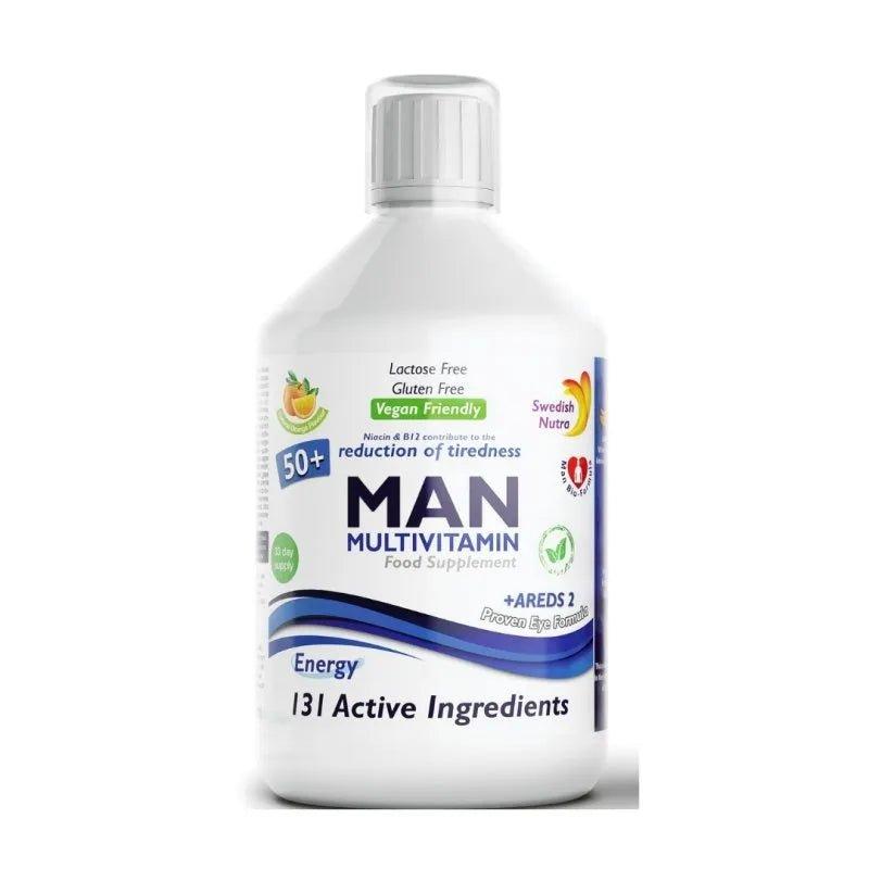 Swedish Nutra Man Active 50+ Multivitamin 500ml - 131 Active Ingredients, Gluten Free, Vegan Friendly