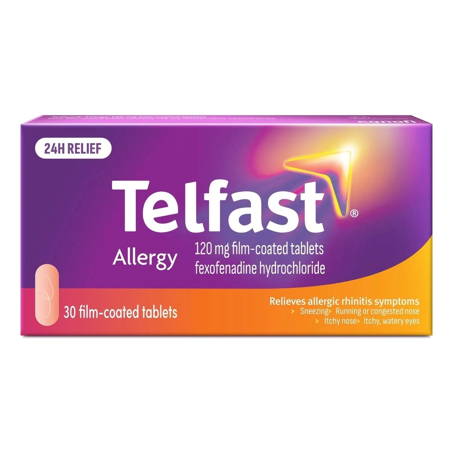 Telfast Allergy 120 mg Film-coated tablets 30 - Relief of: Sneezing, Itchy, runny or blocked nose, Itchy, red and watery eyes