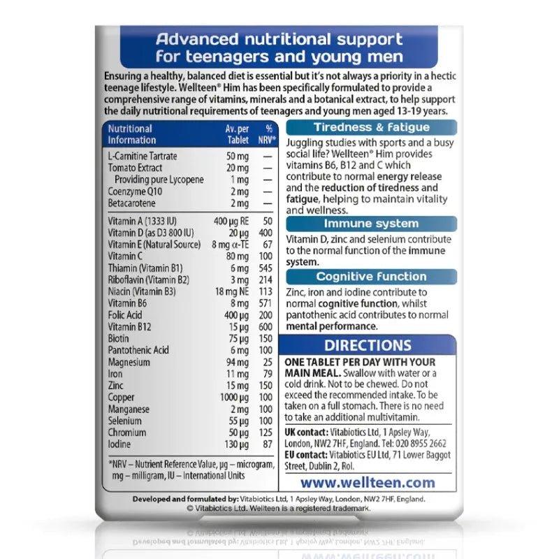 Vitabiotics Wellteen For Him Tablets, 24 Nutrients, Vitality & Wellness, Reduce Tiredness & Fatigue