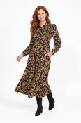 Leaf Print Shirred Button Dress – Mustard