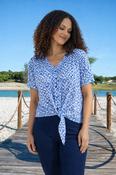 B30682  BLUE PRINT TIE FRONT BLOUSE WITH SHORT S BLUE PRINT