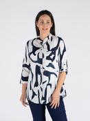 B30732  NAVY LONGLINE PRINTED BLOUSE 3/4 SLEEVE WHITE NAVY