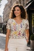TO30842  Tropical print top with lace front V-Nec WHITE MULTI image