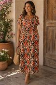 D30773  PRINTED CRINKLE SMOCKED DRESS WITH SHORT ORANGE MULTI image