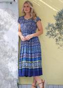 D30775  BORDER PRINT CAP SLEEVE DRESS &amp; BUTTON D NAVY PRINT