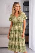 D30860  V NECK CROSS OVER DRESS ELASTIC WAIST DR GREEN PRINT image