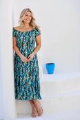 D30862  PRINTED GATHERED NECKLINE DRESS CAP SLEE TEAL image