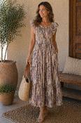 D30866  PRINTED GATHERED NECKLINE DRESS CAP SLEE PURPLE MULTI image