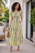 D30867  PRINTED GATHERED NECKLINE DRESS CAP SLEE BEIGE image