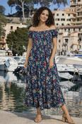 D30868  FLOWER PRINTED GATHERED NECKLINE DRESS PETROL MULTI