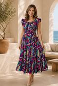 D30891  GATHERED NECKLINE DRESS CAP SLEEVE CERISE MULTI image