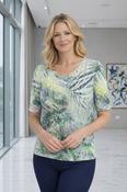 TO30692  PRINT BURNOUT TOP LACE FRONT SHORT SLEEV GREEN MULTI