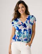 TO30725  V NECK SWIRL PRINT TOP BUTTON SHORT SLEE BLUE PINK