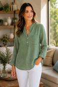 TO30793  ACID WASH TOP FRON BUTTON PLACKET &amp; POCK GREEN