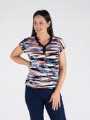 TO30881  SWIRL PRINT V-NECK TOP WITH CAP SLEEVE CORAL NAVY