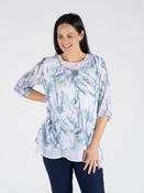TU30703  LEAF PRINT LAYERED TUNIC ROUND NECK 3/4 BLUE GREEN