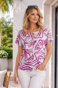 TO30884  BOLD SWIRL TOP MID SLEEVE ROUND NECK CERISE PRINT