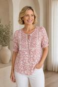 TU30794  FLOWER PRINT TUNIC ROUND NECK PLEAT DETA PINK IVORY image