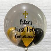 Clear Personalised Communion Black and Gold Mini Bubble. image