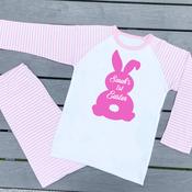 Personalised Kids Easter Pyjamas-Easter Bunny Silhouette (Blue Or Pink Stripe) image