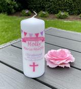 Personalised Christening Candle-Decorative-Bunting (Pink)
