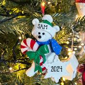 Polar Bear Candy Cane Personalised Hanging Christmas Decoration image