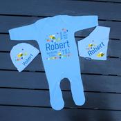 Personalised 3 Piece Set Baby Grow, Bib &amp;amp; Hat- Blue All Details Bee (Blue Set)