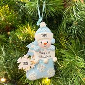 Baby Snowman in Stocking (Blue) Personalised Christmas Decoration image