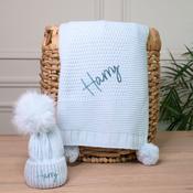 Nova Knit Blue Blanket &amp;amp; Hat-Personalised