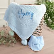 Nova Knit Blue Blanket &amp;amp; Bib-Personalised