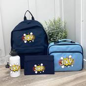 Personalised School Bundle (school bag, lunch bag, pencil case &amp;amp; bottle) - Comic (Blue)