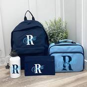 Personalised School Bundle (school bag, lunch bag, pencil case &amp;amp; bottle) - Initial (Blue)
