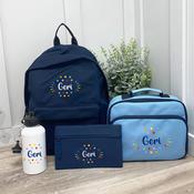 Personalised School Bundle (school bag, lunch bag, pencil case &amp;amp; bottle) - Colourful Stars (Blue)