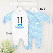 Personalised Baby Grow-Initial Dickie Bow (Blue Cloud) image