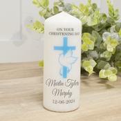 Personalised Christening Candle - Cross With Dove Through (Blue)