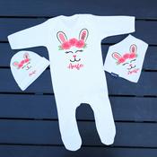 Personalised 3 Piece Set Baby Grow, Bib &amp;amp; Hat-Bunny Face image