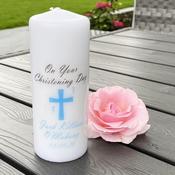 Personalised Christening Candle-Cross/Bird (Blue) image