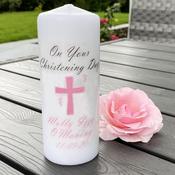 Personalised Christening Candle-Cross/Bird (Pink)