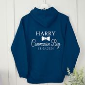 Personalised Communion Pullover Hoodie Front &amp;amp; Back-Communion Boy Bow Tie (Navy)