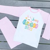 Personalised Kids Easter Pyjamas - Bunny Easter Eggs (Blue or Pink Stripe)