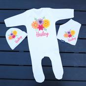 Personalised 3 Piece Set Baby Grow, Bib &amp;amp; Hat - Colourful Flower Name image