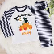 Personalised Kids Black Stripe Halloween Pyjamas-Pumpkin Cat image