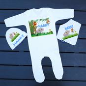Personalised 3 Piece Set Baby Grow, Bib &amp;amp; Hat-Jungle image