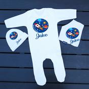 Personalised 3 Piece Set Baby Grow, Bib &amp;amp; Hat-Mission Complete image