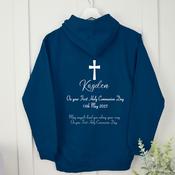 Personalised Communion Pullover Hoodie Front &amp;amp; Back-Blue Cross May Angels (Navy)