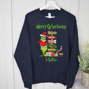 Personalised Christmas Kids/adults Sweatshirt-Merry Grinchmas Sign (Red Or Navy)