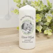 Personalised Christening Candle-Green Leaf (Own Image) image