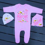 Personalised 3 Piece Set Baby Grow, Bib &amp;amp; Hat - Pink All Details Bee (Pink Set) image