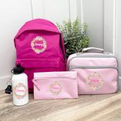 Personalised School Bundle (school bag, lunch bag, pencil case &amp;amp; bottle) - Flower Wreath